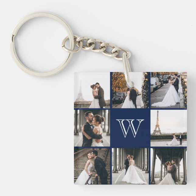 Porte-clefs Monogramme Photo Collage Navy Blue (Devant)