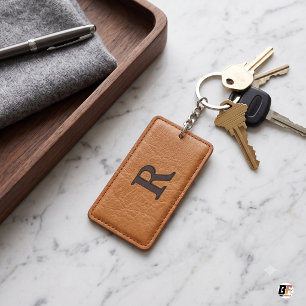 Porte-clefs Monogramme R initial en faux cuir marron