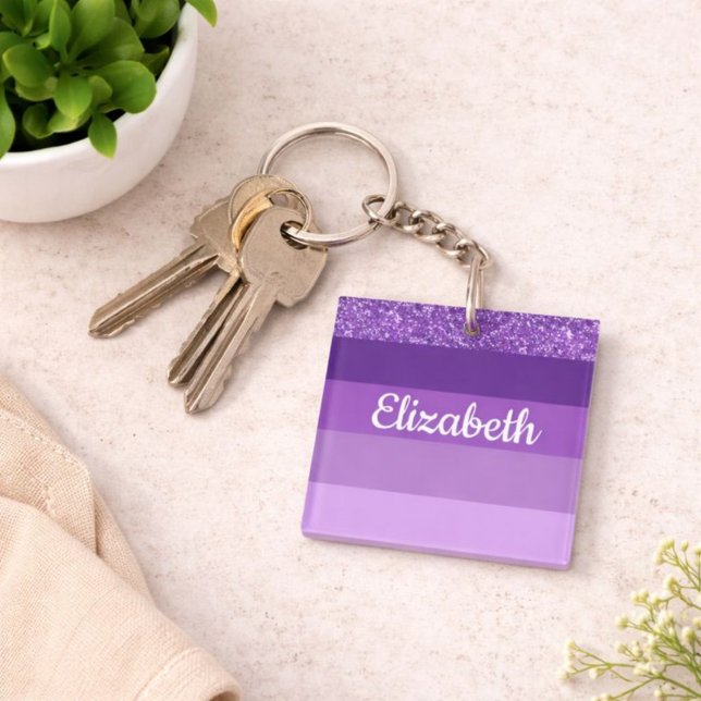 Porte-clefs Monogramme rayé de paillettes violettes (Créateur téléchargé)