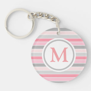 Porte-clefs Monogramme rayé rose et gris