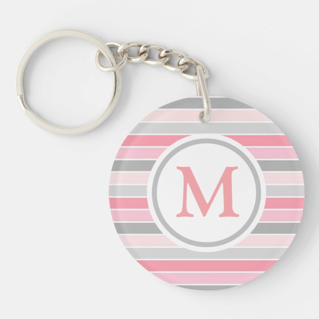 Porte-clefs Monogramme rayé rose et gris (Devant)