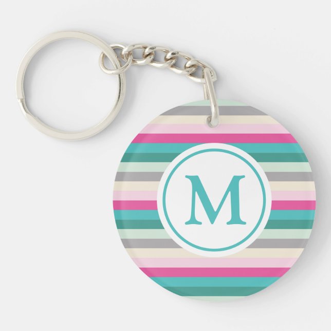 Porte-clefs Monogramme rayé rose et vert (Devant)