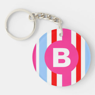 Porte-clefs Monogramme rayures bonbons rose et bleu vif