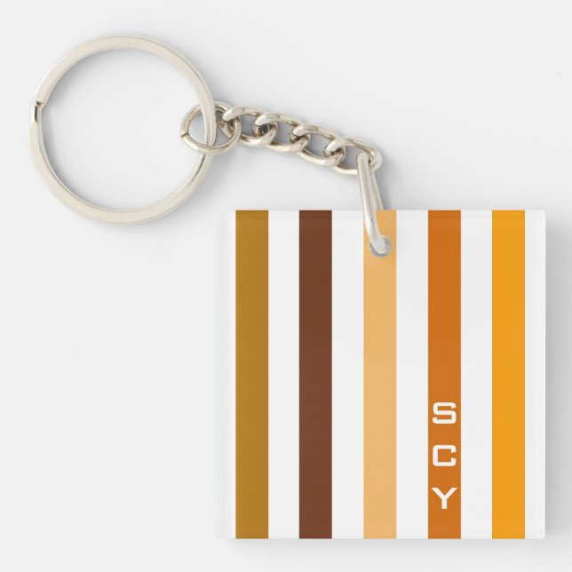 Porte-clefs Monogramme rayures verticales orange marron clair (Devant)