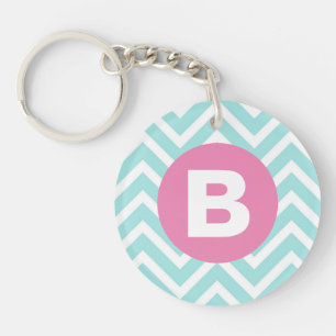 Porte-clefs Monogramme rose chevron bleu clair tendance