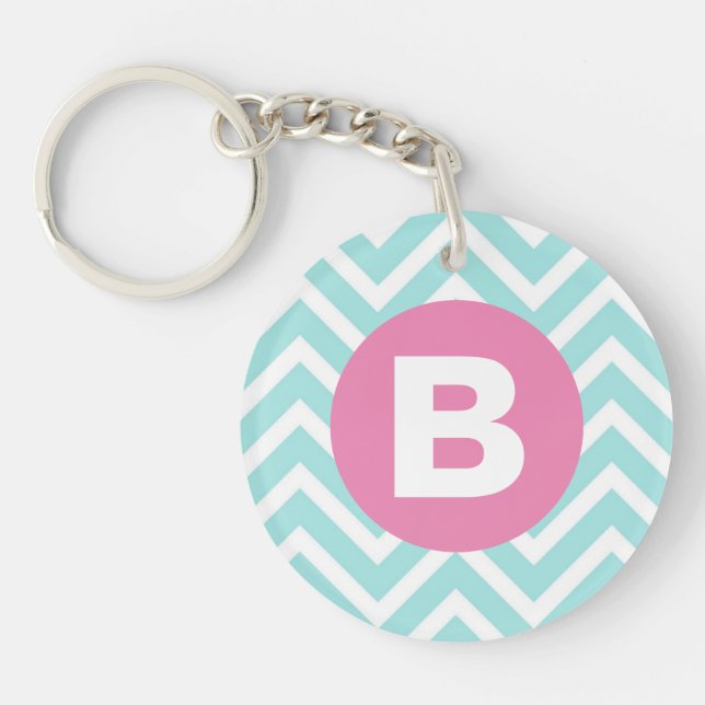 Porte-clefs Monogramme rose chevron bleu clair tendance (Devant)