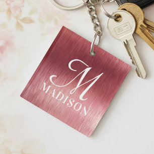 Porte-clefs Monogramme rose métallique Nom personnalisé textur