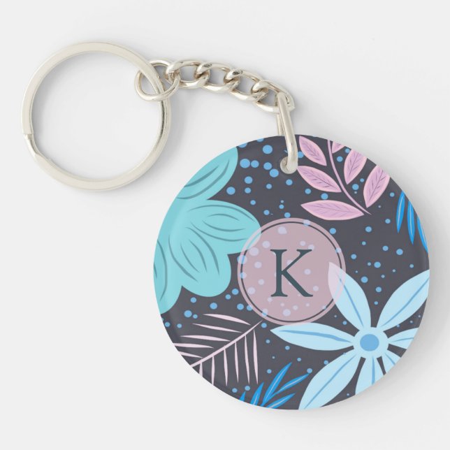 Porte-clefs Monogramme rose Motif moderne à fleurs bleues (Devant)