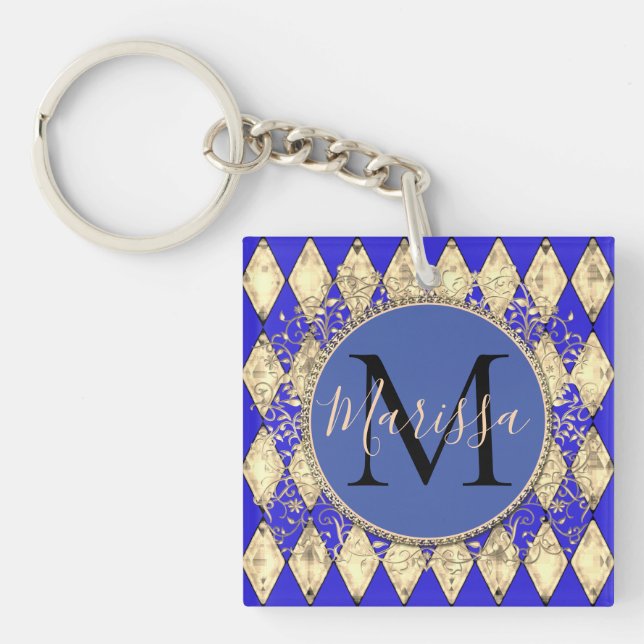 Porte-clefs Monogramme Royal Blue et Gold Glam (Devant)