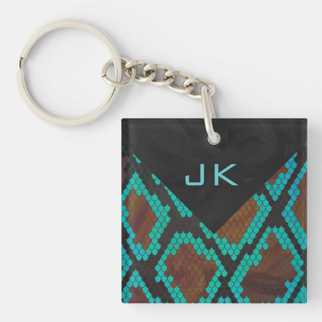 Porte-clefs Monogramme serpent impression Brown et Turquoise (Devant)