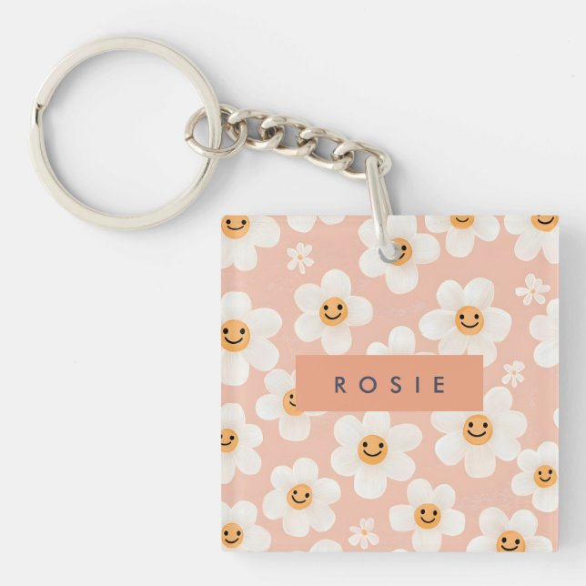 Porte-clefs Monogramme Smile Personnalisé Daisy Motif Floral (Devant)