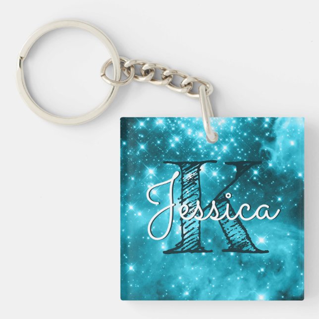 Porte-clefs Monogramme Stellaire Céleste Teal Aqua (Devant)