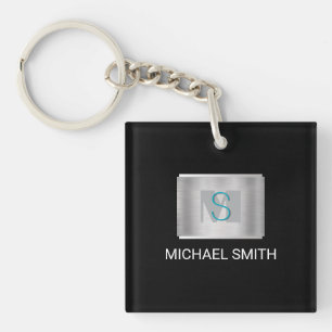 Porte-clefs Monogramme turquoise et gris, Nom blanc Argent, No