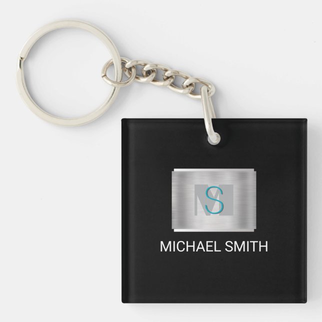 Porte-clefs Monogramme turquoise et gris, Nom blanc Argent, No (Devant)