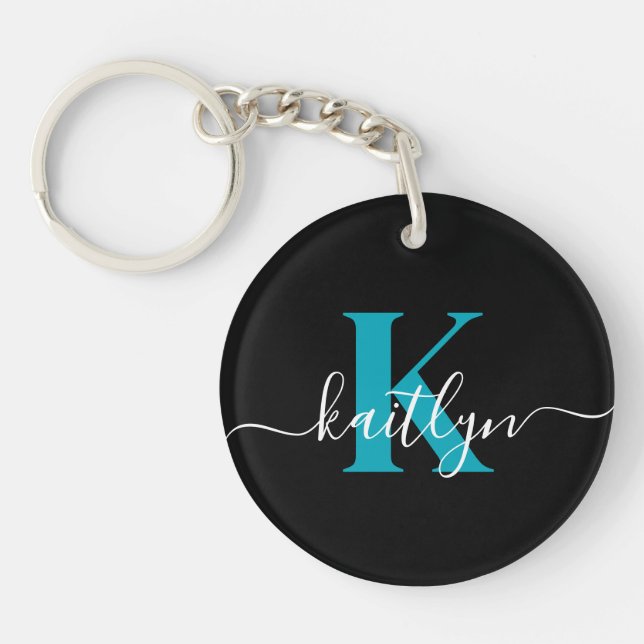 Porte-clefs Monogramme Turquoise noir moderne (Devant)