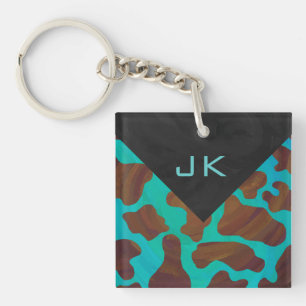 Porte-clefs Monogramme Vache Impression Brown et Turquoise