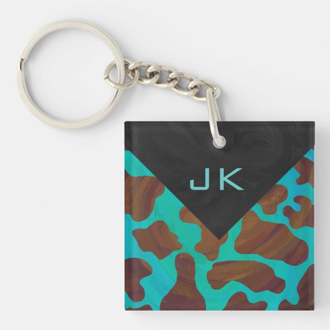 Porte-clefs Monogramme Vache Impression Brown et Turquoise (Devant)