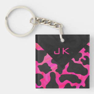 Porte-clefs Monogramme Vache Imprimé Rose Chaud et Noir