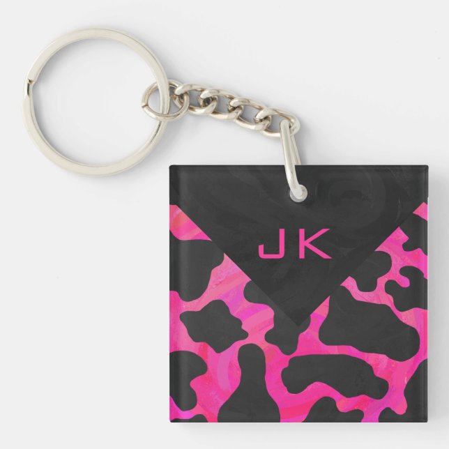 Porte-clefs Monogramme Vache Imprimé Rose Chaud et Noir (Devant)