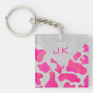 Porte-clefs Monogramme Vache Rose Chaud et Imprimé Blanc