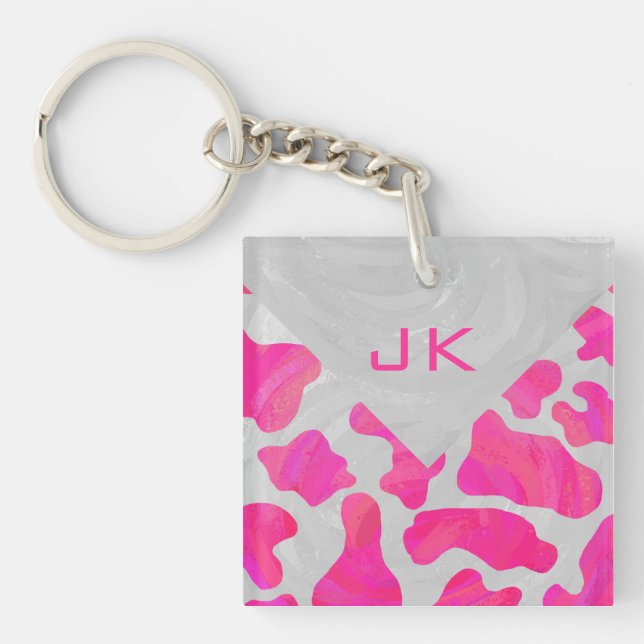 Porte-clefs Monogramme Vache Rose Chaud et Imprimé Blanc (Devant)