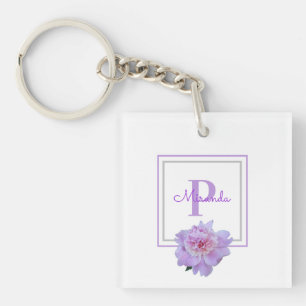 Porte-clefs Monogramme violet encadré Fleur de pivoine rose