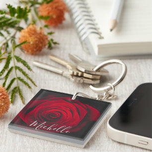 Porte-clefs Monographie personnalisée rose rouge photo vintage