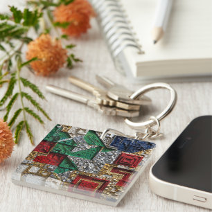 Porte-clefs Mosaïque carrée géante émeraude or ivoire rouge bl