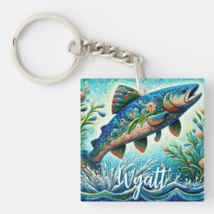 Porte-clefs Mosaïque florale bleue personnalisée de saumon qui