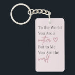 Porte-clefs Mother’s Day Keychain<br><div class="desc">Celebrate the love of motherhood with this elegant Mother’s Day keychain featuring the heartfelt quote: “To the world you are a mother, but to me you are the world.” This minimalist typography design combines classic serif lettering with a graceful script font, creating a timeless and meaningful gift for mom. The...</div>
