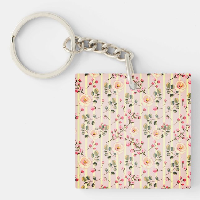 Porte-clefs Motif à rayures florales rose pâle (Devant)