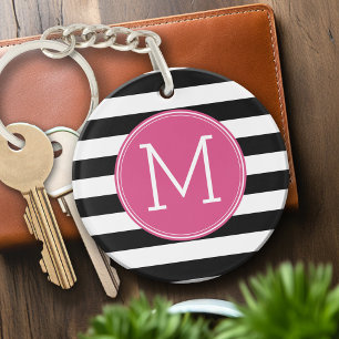 Porte-clefs Motif à rayures noir et blanc Monogramme rose chau
