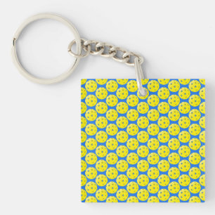 Porte-clefs Motif amusant de pickleball jaune sur fond bleu 