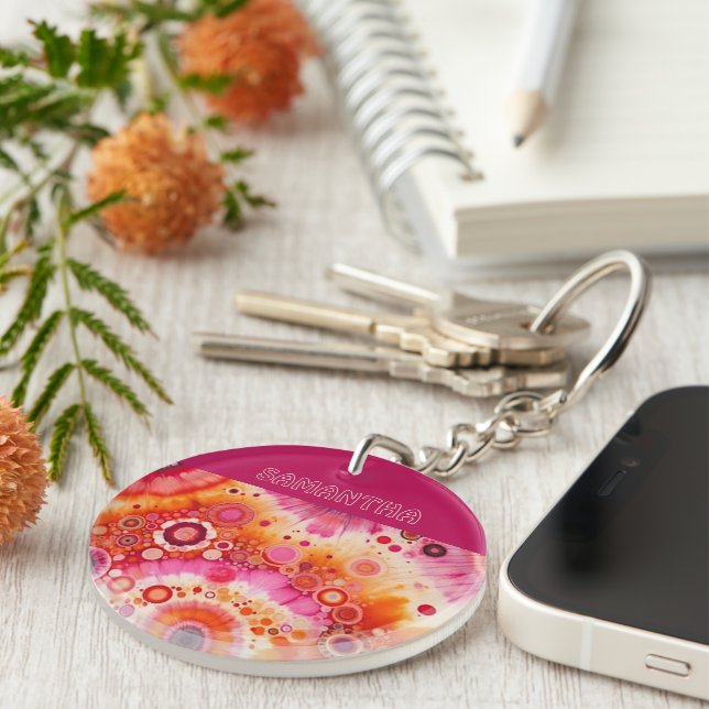Porte-clefs Motif artistique de cercles batik orange gras rose (Devant droit)