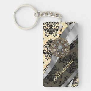 Porte-clefs Motif assez girly crème personnalisé de damassé