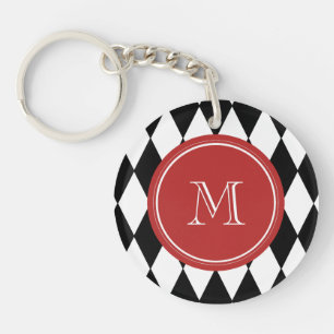 Porte-clefs Motif blanc noir de harlequin, monogramme rouge