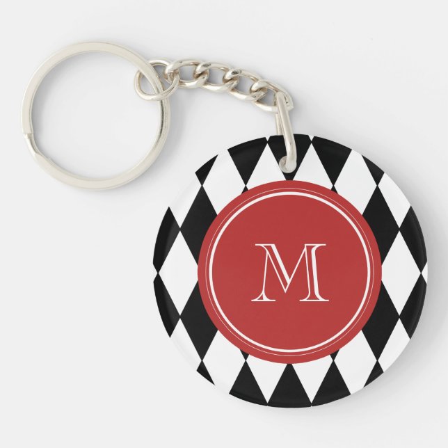 Porte-clefs Motif blanc noir de harlequin, monogramme rouge (Devant)