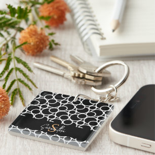 Porte-clefs Motif Cercle noir et blanc avec Monogramme