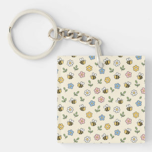 Porte-clefs Motif d'abeille cartoonesque et de fleurs