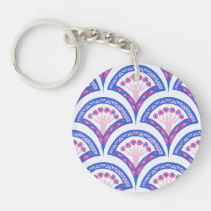 Porte-clefs motif damassé floral bleu