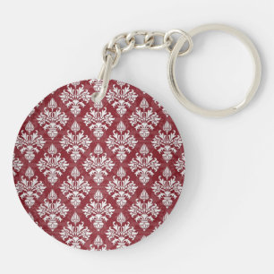 Porte-clefs Motif damassé floral rouge foncé et blanc