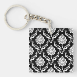 Porte-clefs Motif Damassé Rococo Blanc sur Noir