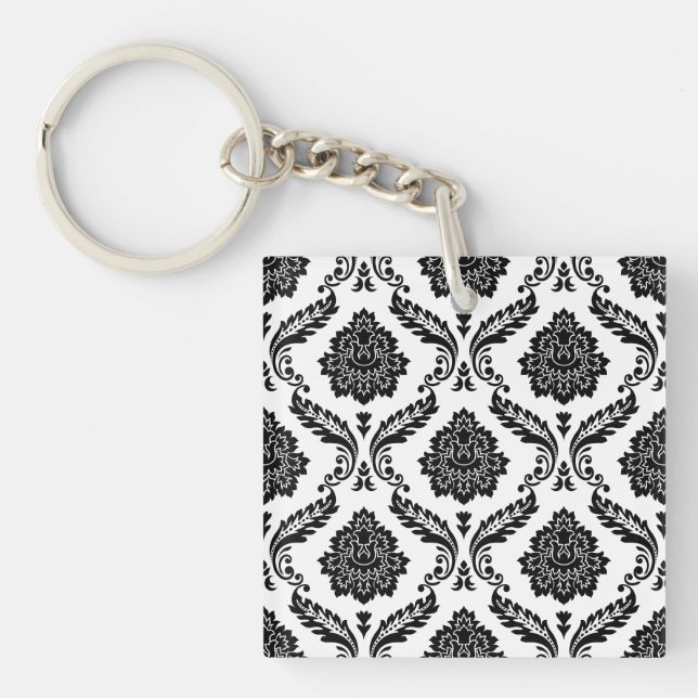 Porte-clefs Motif Damassé Rococo Noir sur Blanc (Devant)