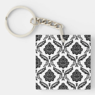 Porte-clefs Motif Damassé Rococo Noir sur Blanc