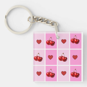 Porte-clefs Motif Damier Cœur Cerise Personnalisé