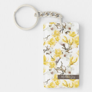 Porte-clefs Motif d'aquarelle jaune et blanc Magnolia Blossom