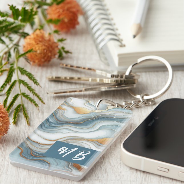 Porte-clefs Motif d'art en marbre gris bleu turquoise (Devant droit)