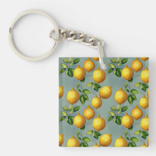 Porte-clefs Motif d'art vintage citrons et feuilles sur gris