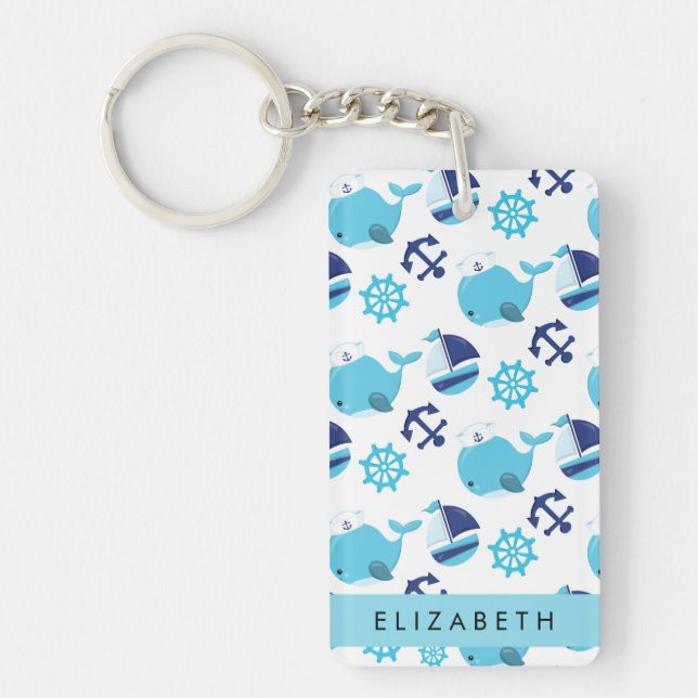 Porte-clefs Motif De Baleines, Baleines Bleues, Votre Nom (Devant)