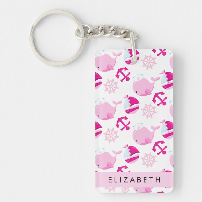 Porte-clefs Motif De Baleines, Baleines Roses, Votre Nom (Devant)